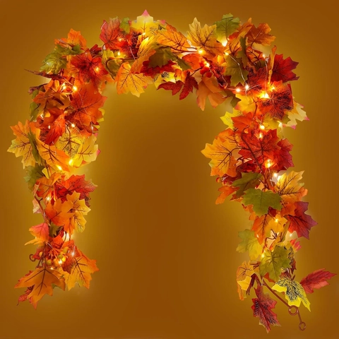 Ghirlanda Di Foglie Di Acero Artificiali Raso Vite Autunno Luce Led Calda Bacche Halloween Ringraziamento Arredamento Casa