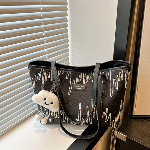 Bolso Tote de Cuero PU de Moda para Mujer Gran Capacidad Bordado de Ondas Bolso de Hombro Con Colgante de Nube Bolso de Mano Casual