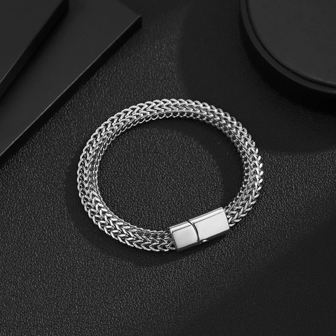 Men Bracelet Titanium Steel Double Layer Cuban Wheat Chain Minimalist Industrial Style Polished Clasp Jewelry For Him