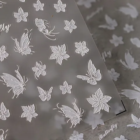 Autocollants Ongles Papillon Blanc Fleur 5D Gaufré 3D Relief Décalcomanies Auto Adhésives PET Décoration Manucure DIY