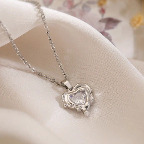 Heart Pendant Necklace Copper Zircon Molten Metal Lava Style Gold Silver Plated Elegant Jewelry For Women