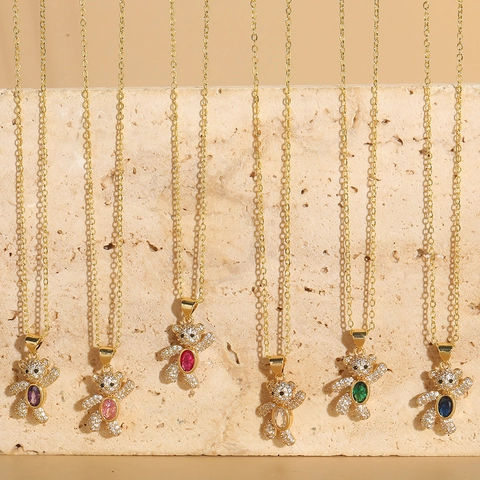 Collana Con Ciondolo A Orso Lusso Rame Zircone Micro Pavé Gemma Ovale Colorata Catena Clavicola Gioielli Donna
