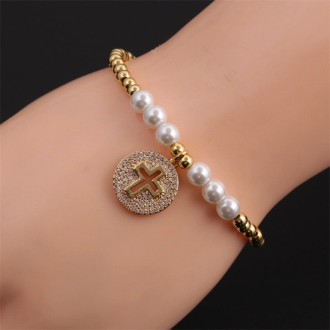 Pulsera De Cuentas Con Dije De Cruz Cobre Chapado En Oro Perla Artificial De Imitación Circonita Joyería Religiosa Mujeres