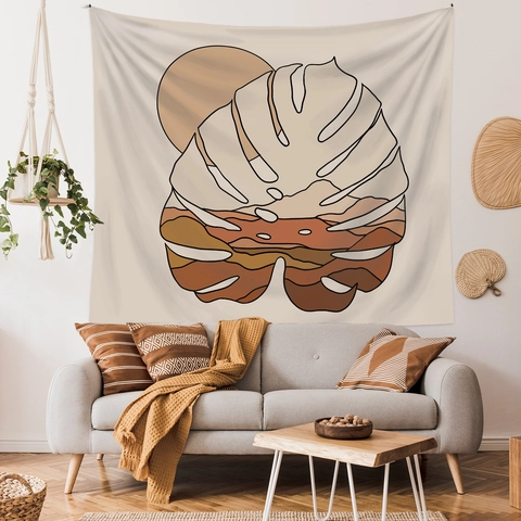 Arazzo Da Parete Bohemien Poliestere Minimalista Foglia Di Monstera Astratto Sole Montagna Decorazione Soggiorno Camera