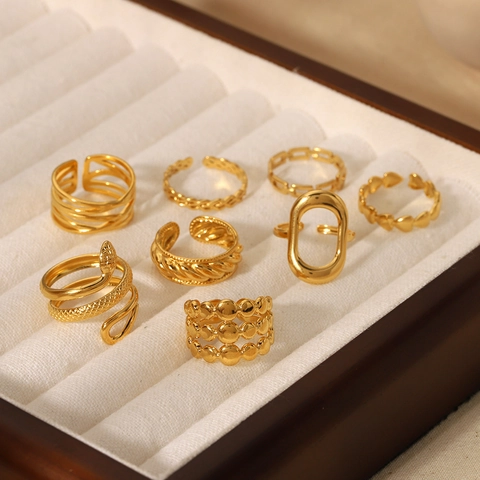 Modern Stainless Steel Adjustable Open Ring 18K Gold Plated Snake Heart Chain Geometric Hollow Fashion Jewelry For Women