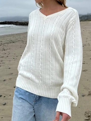 Women V Neck Cable Knit Sweater Long Sleeve Pullover Viscose Polyester Polyamide Solid Color Casual Streetwear