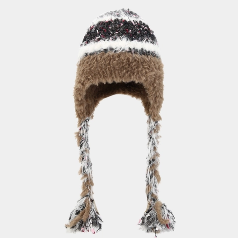 Winter Ohrenschutz Mütze Kunstpelz Strickbeanie Warm Outdoor Geflochtene Quaste Bommel Patchwork Damen