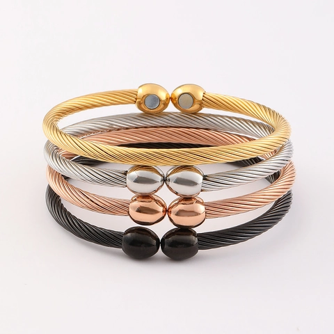 Stainless Steel Magnetic Therapy Twisted Cable Open Cuff Bracelet Adjustable Health Fashion Bangle For Men Women