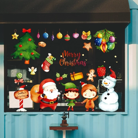 Pegatinas De Pared Navidad Papá Noel Muñeco De Nieve Calcomanías Ventana PVC Estáticas Acuarela Decoración Hogar