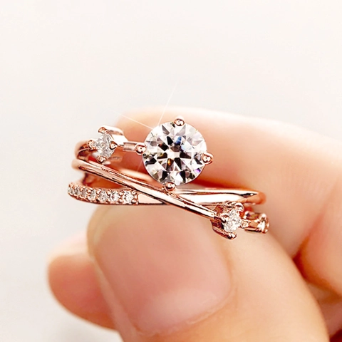 Crossover Gevlochten Band Ring Koper Cubic Zirconia Planeetbaan Ontwerp Franse Stijl Ronde Hoofdsteen Sieraden Voor Vrouwen