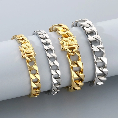 Collana E Bracciale A Maglia Cubana Uomo Acciaio Inossidabile Hip Hop Tendenza Catena Piatta Gioielli Tono Oro Argento