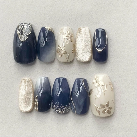 ABS Coffin Press On Nails Met Perzikbloesem Kattenoog Bloemenreliëf Marmerpatroon Lang Elegant Voor Dames