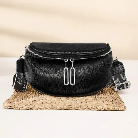 Bolso De Hombro Para Mujer Cuero De Vaca Patrón Lichi Bolso Media Luna Correa Ancha De Tela Con Letras Cremallera Bolso Crossbody