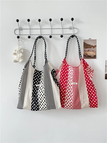 Canvas Tote Bag Cotton Polka Dot Stripe Patchwork Large Capacity Casual Shoulder Bag Shopping Handbag