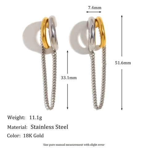 Bicolor Stainless Steel Stud Earrings 18K Gold Plated Interlocking Rings With Long Chain Tassel Fringes For Women