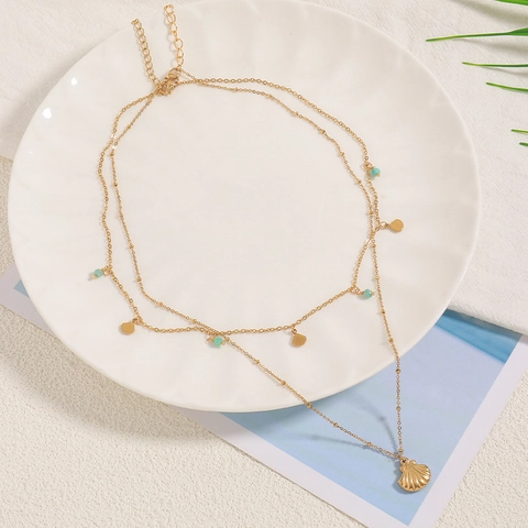 Collier Multi Rangs Acier Inoxydable Pendentifs Coquille Pierre Naturelle Perles Bijoux Plage Été Pour Femmes