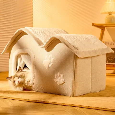 Enclosed Cat House Dog Bed Winter Warm Oxford Cloth Arctic Velvet Windproof Cozy Pet Cave Indoor Igloo House