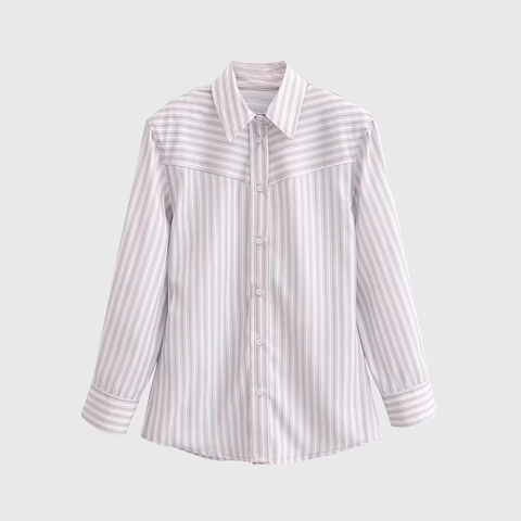 Damen Gestreiftes Langarmhemd Polyester Gepolsterte Schulter Button Down Bluse Lässige Büro Oberteile Mode