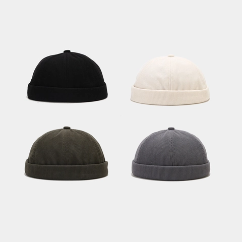 Vintage Corduroy Docker Hat Brimless Cap Solid Color Adjustable Streetwear Retro Miki Hat For Men Women