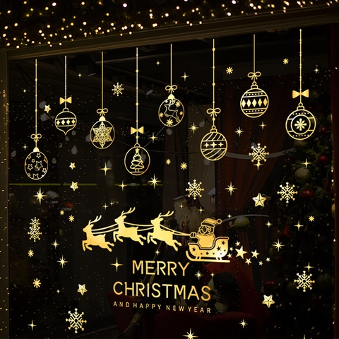 Goldene Weihnachtsfensteraufkleber Statische Haftung Wiederverwendbar Weihnachtsmann Schlitten Schneeflocke Glas Dekoration