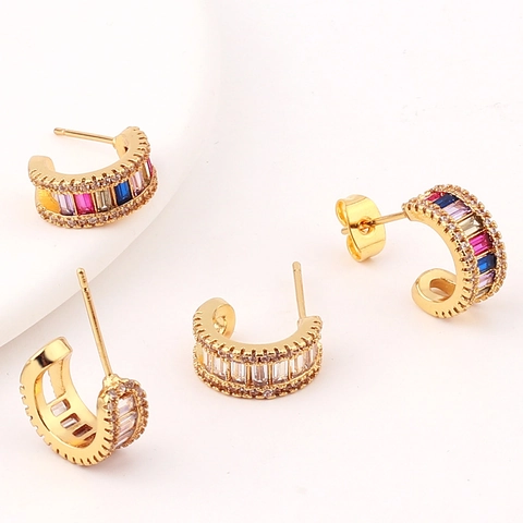 Boucles D'oreilles Créoles En Laiton Plaqué Or Forme C Micro Pavé Zircone Pierre Rectangulaire Colorée Bijoux Géométriques Pour Femmes