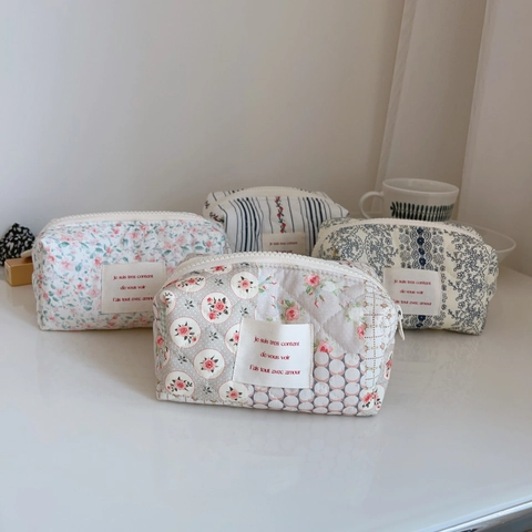 French Floral Quilted Cotton Cosmetic Bag Padded Storage Pouch For Makeup And Skincare Small Travel Organizer