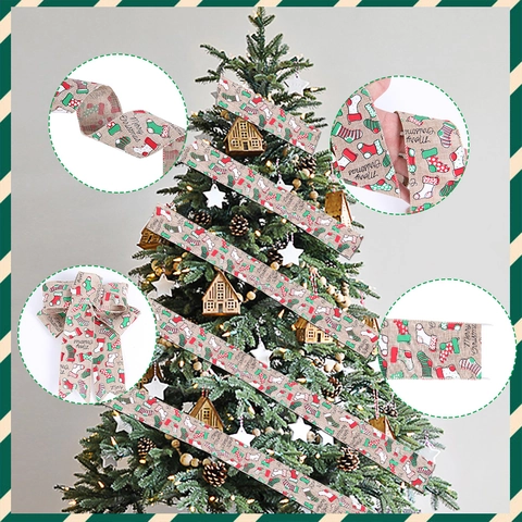 Cinta De Navidad Con Alambre Lino Artificial Arpillera Impresa Para Decoración De Árbol Envoltura De Regalos Moños DIY