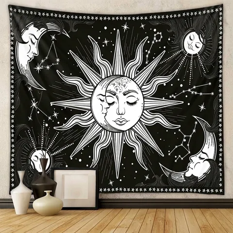 Sun Moon Star Zodiac Wall Tapestry Polyester Black White Astrology Gothic Bohemian Aesthetic Bedroom Decor