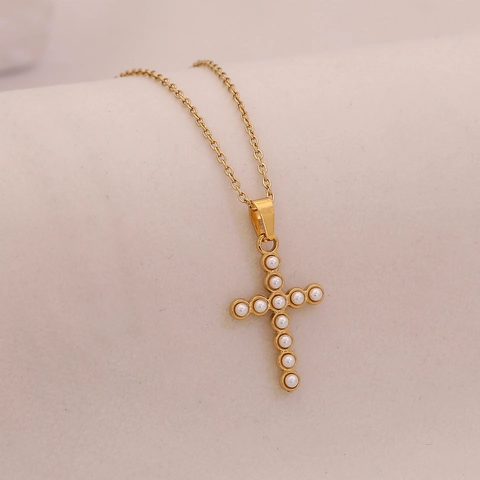 Edelstahl Anhänger Halskette Vintage Herz Kreuz Mond Palm Mit Kunstperlen Modeschmuck Für Damen