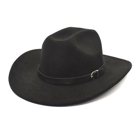 Wide Brim Fedora Hat Woolen Felt Cowboy Jazz Cap With Leather Belt Buckle Solid Color For Women Men