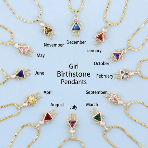 Birthstone Boy Girl Figure Pendant Necklace Copper Gold Plated Zircon Box Chain Cute Fashion Jewelry Gift For Kids