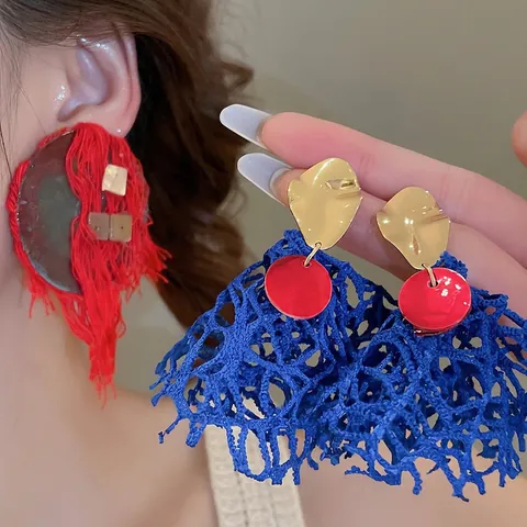 Red Blue Pendientes Colgantes Statement Flecos Concha Tela Con Poste De Plata De Ley 925 Joyas Bohemias Étnicas Vintage Para Mujer