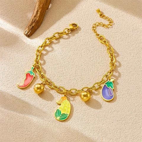 Cartoon Groente Charm Armband Roestvrij Staal Emaille Aubergine Mais Paprika Hangers Verstelbare Sieraden Voor Dames