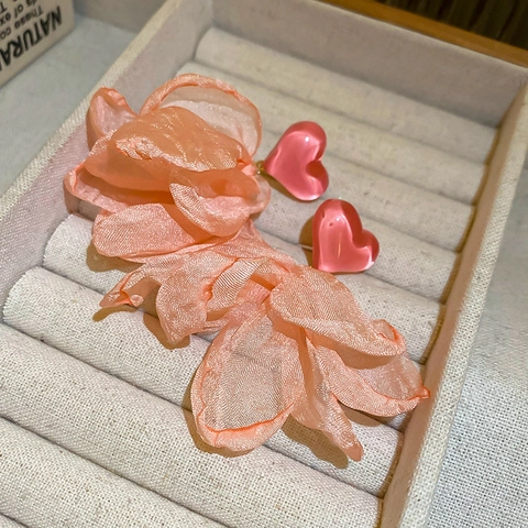 Heart Dangle Earrings With Organza Petals And 925 Sterling Silver Earring Post Sweet Romantic Korean Style Jewelry Women