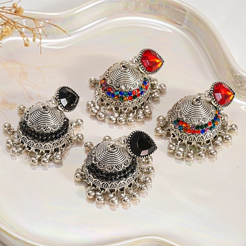 Vintage Jhumka Bell Tassel Earrings Alloy Rhinestone With 925 Sterling Silver Earring Post Ethnic Bohemian For Women