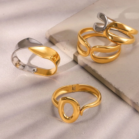 Minimalist Stainless Steel Open Bangle For Women Two Tone Gold Silver Plated Fluid Geometric Design Waterproof Jewelry