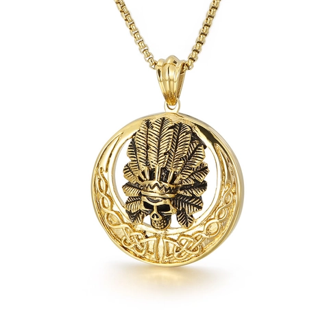Indian Chief Skull Sun God Pendant Necklace Stainless Steel Vintage Celtic Knot Hip Hop Punk Gold Plated Jewelry