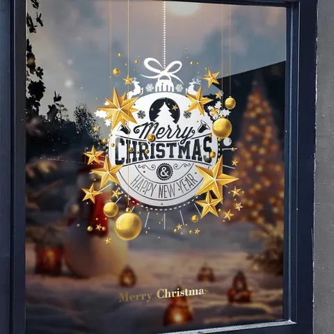 Christmas Window Static Cling Gold Reindeer Snowflake Star Bauble Glass Door Decal Double Sided Reusable Festive Decor
