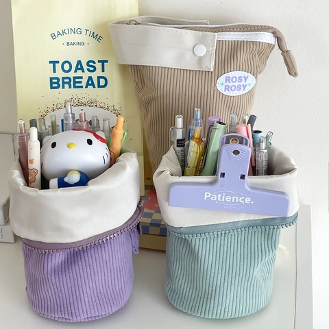 Corduroy Pencil Case Large Capacity Portable Folding Standing Pen Pouch Color Block Ribbed Texture Korean Style Bag
