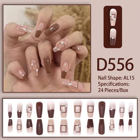 Long Coffin Press On Nails Brown Nude Color Blocking Geometric Line Rhinestone Glossy Fake Nails Elegant Ins Style Wearable