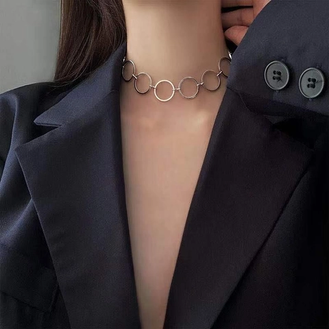 Fashion Geometric Circular Ring Choker Necklace For Women Electroplated Copper Linked Chain Statement Jewelry Gold Silver