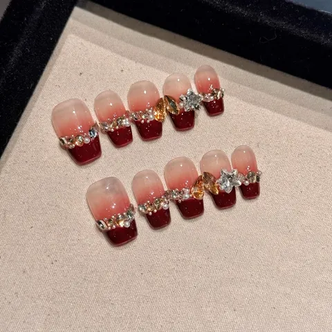Handmade Press On Nails Berry Red Gradient Sparkling Rhinestone Artificial Pearl Star Coffin Fake Nails For Bride Wedding Women