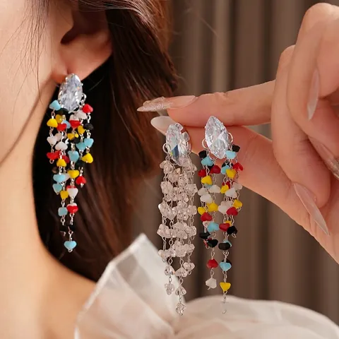 Orecchini Lunghi Con Nappe In Zircone Marquise Con Perline Di Vetro Colorate E Perno In Argento Gioielli Eleganti Per Donna
