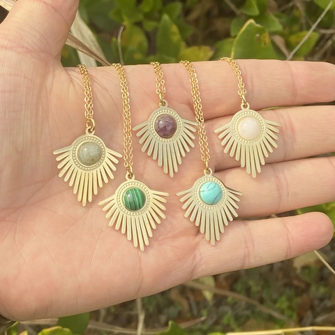 Sunburst Pendant Necklace Stainless Steel Natural Stone Sun Ray Charm Gold Plated Elegant Jewelry For Women