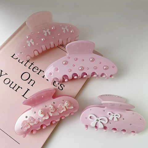 Pinzas Para El Cabello De Acetato Rosa Con Lazos Perlas Artificiales Y Diamantes De Imitación Accesorios Para El Cabello Dulces Para Mujeres