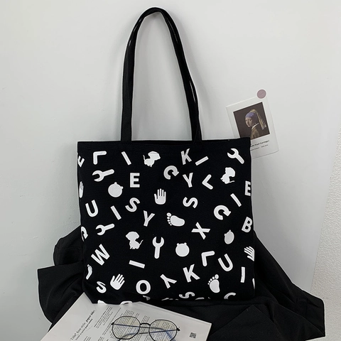 Women Canvas Tote Bag Large Capacity Zipper Closure Double Sided Graffiti Print Streetwear Casual Shoulder Handbag