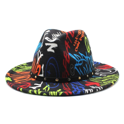 Chapeau Fedora Feutre De Laine Imprimé Graffiti Tie Dye Large Bord Ceinture À Rivets Décoratif Unisexe Rétro Fête Jazz