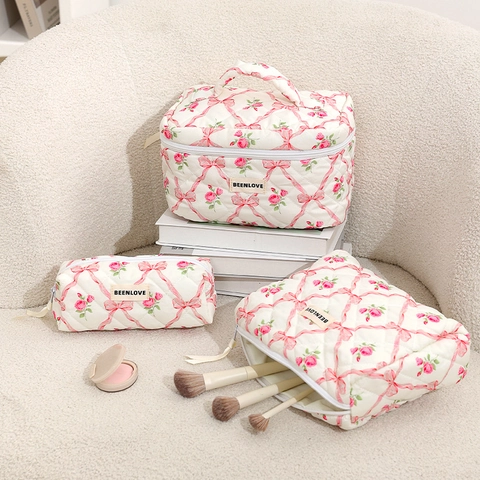 Bolsa De Maquillaje Acolchada Gran Capacidad Estampado Floral Mariposa Neceser Portátil Organizador Estilo Dulce