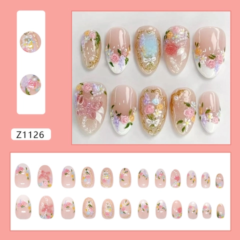 3D Bloemen Press On Nails Franse Stijl Roze Verloop Met Kunstparels En Vlindertje Afneembare Kunstnagels