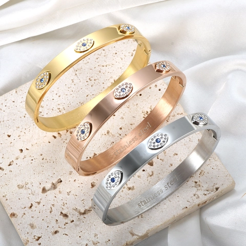 Bracciale Rigido Evil Eye In Acciaio Inossidabile Strass Cerniera Polsino Ovale Gioielli Hip Hop Minimalisti Per Donna